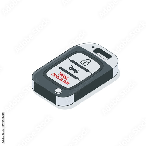Isometric illustration of a modern car key fob with buttons for lock, unlock, trunk, and panic alarm functions.