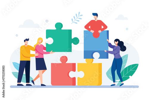 Diverse team assembling colorful puzzle pieces to represent collaboration and teamwork people teamwork concept
