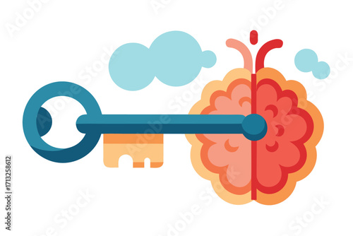 Key unlocking a stylized brain with clouds in the background vector illustration