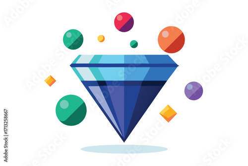 Large faceted blue diamond surrounded by colorful floating spheres and squares gemstone jewel