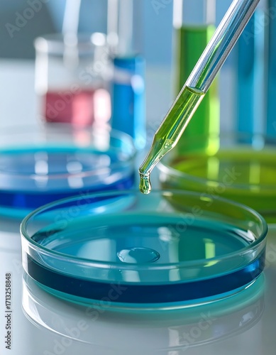 Colorful liquids in petri dishes, a dropper