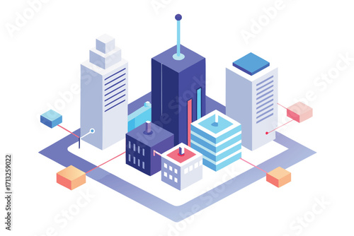 Isometric illustration of a futuristic city skyline with interconnected buildings and glowing nodes architecture