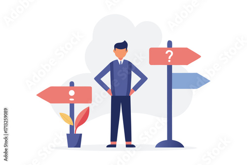 Man standing at crossroads with directional signs and question mark vector illustration