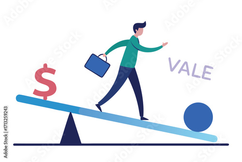 Man with briefcase on a seesaw with dollar sign and sphere business finance