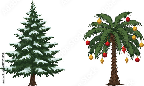 Snow-covered Christmas pine tree, tropical palm tree with ornaments, festive holiday contrast, winter and summer celebration, seasonal vector illustration