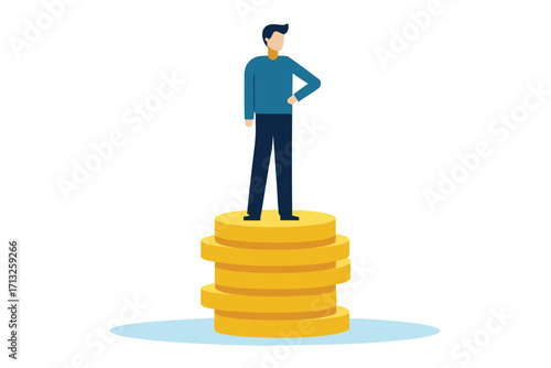 Man standing on a stack of gold coins representing financial success and wealth Keywords: man, standing, stack, gold coins, money, wealth, finance