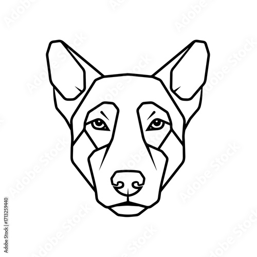 A bold, geometric line art portrait of a canine, where sharp, faceted lines capture an expression of stoic intelligence.