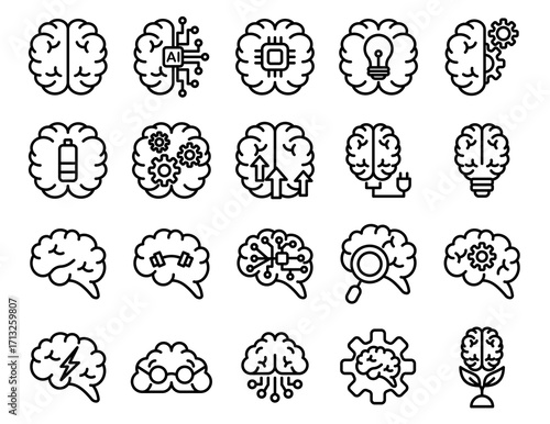 brain collection. brain vector icons. isolated on white background. brain in lineart style. vectors