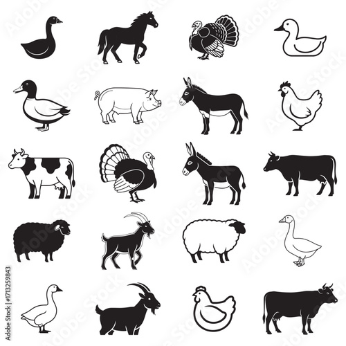 Charming collection of farm animal icons perfect for educational materials and rustic designs