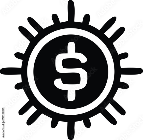 Radiant sun symbol with dollar sign in center represents financial growth prosperity success and wealth creation