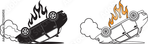 Burning car crash illustration with black and white design options