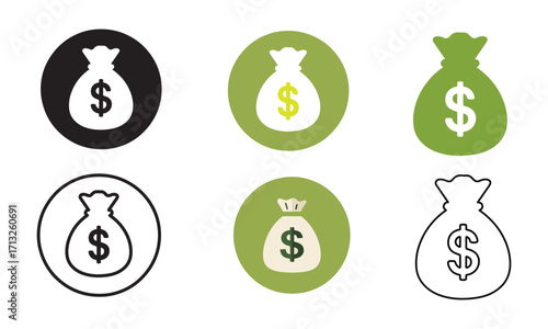 Money bag icons set in different styles representing financial wealth