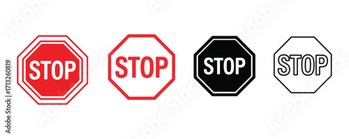 Stop Sign Icons Collection in Various Styles and Colors on White
