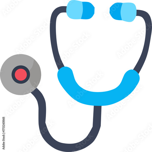Flat illustration of a stethoscope in blue and gray colors, symbol of healthcare, medicine, doctor, and hospital equipment.