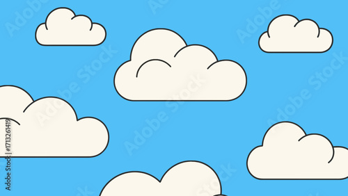 Cartoon clouds floating in a bright blue sky illustration with simple outlines