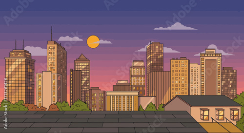 Cartoon cityscape at sunset with buildings, moon, and rooftop view illustration