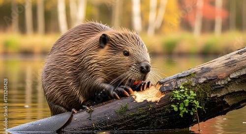 Beaver gnawing on a log by the water.