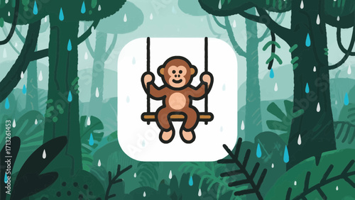 Cartoon monkey swinging in a rainy jungle with lush trees and green foliage