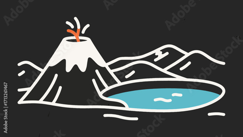 Cartoon volcano erupting near a lake surrounded by mountains in simple illustration
