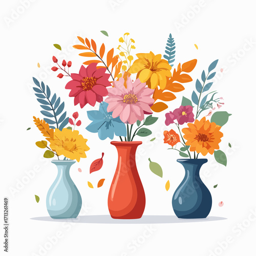 Vector Image:  Fall Flower Arrangements in Colorful Vases 03