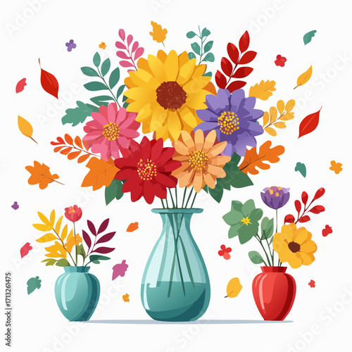 Vector Image:  Fall Flower Arrangements in Colorful Vases 02