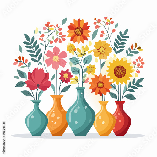 Vector Image:  Fall Flower Arrangements in Colorful Vases 04