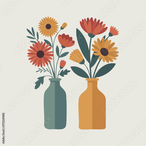 Vector Image:  Fall Flower Arrangements in Colorful Vases 01