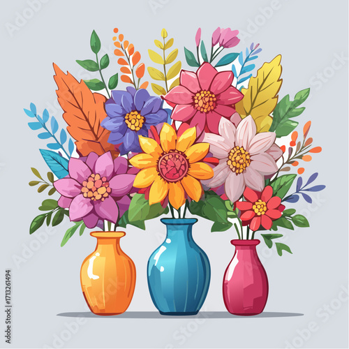Vector Image:  Fall Flower Arrangements in Colorful Vases 09
