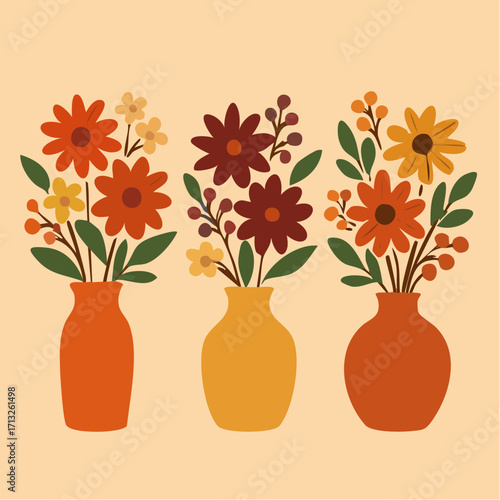 Vector Image:  Fall Flower Arrangements in Colorful Vases 12