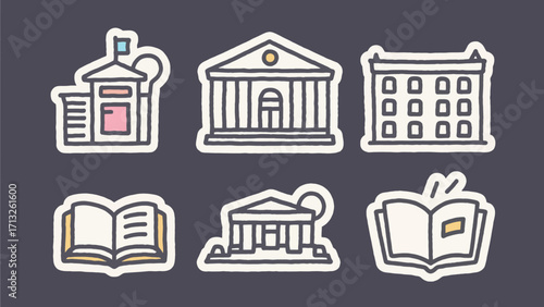 Collection of education and learning icons featuring books and building illustrations