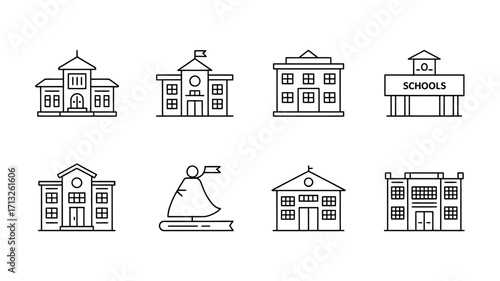 Collection of school building line art icons featuring different architectural styles