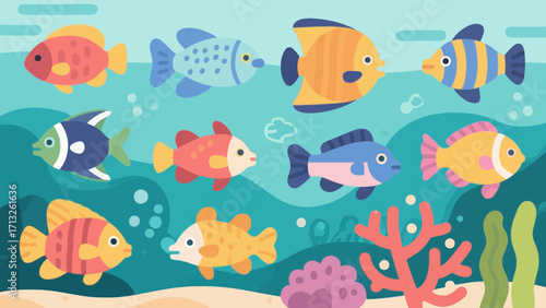 Colorful cartoon fish swimming in a vibrant underwater scene with coral reefs