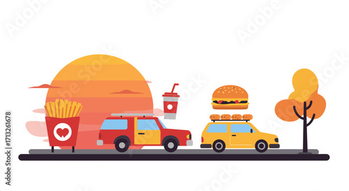 Fast food delivery with cars and sunset showcasing burger, fries and drink