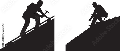 Roofing contractors silhouette workers repairing roofs with hammer and equipment