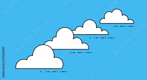 Four white cartoon clouds floating in a blue sky with dashed line shadows below them