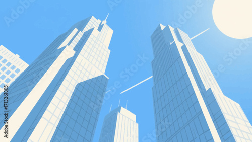 Low angle view of city skyscrapers against a bright blue sky in daytime illustration