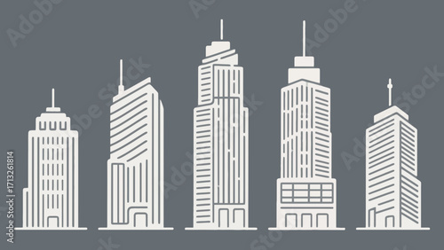 Minimalist city skyline illustration featuring five unique skyscraper designs