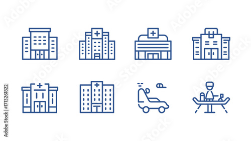 Medical icons set featuring hospital buildings and patient care in linear style