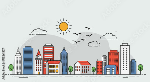 Minimalist cityscape illustration with stylized buildings, sun, and birds in flight