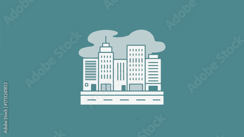 Minimalist skyline illustration featuring city buildings and a road in a modern style