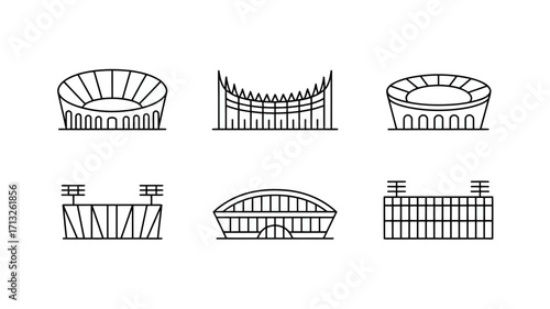 Minimalist vector illustration of diverse stadium designs for sports and events