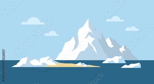 Minimalist iceberg landscape illustration featuring a mountain and clouds in a serene scene