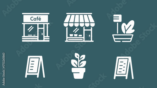 Minimalist vector icons depicting cafe, shop, plants, and menu board design