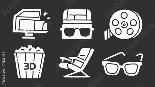 Movie night icons featuring 3D glasses, popcorn, theater seats, and film reel