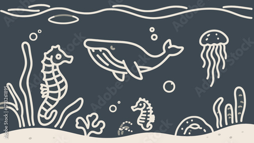 Ocean life illustration with whale, seahorse, jellyfish, and coral reef details