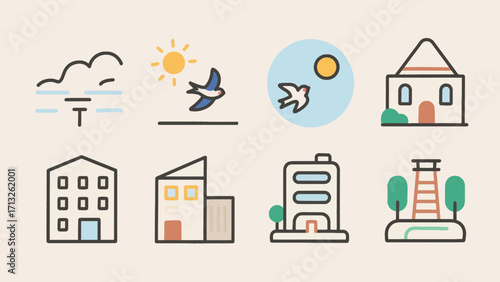 Set of diverse minimalist vector icons representing weather and architectural elements