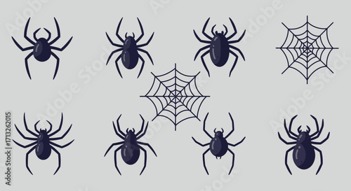 Spooky spiders and webs illustration in dark blue against a light gray background