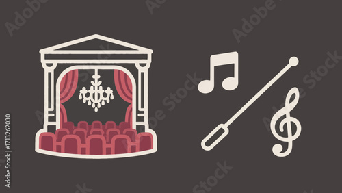 Stage performance with music notes and a conductor's baton illustration