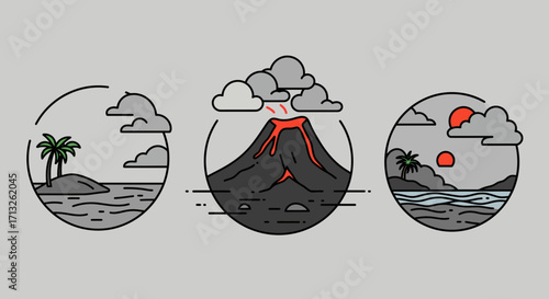 Three distinct tropical island scenes showcasing nature's diverse environments