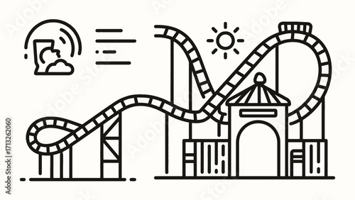 Thrilling roller coaster illustration with sun and motion lines for amusement park fun